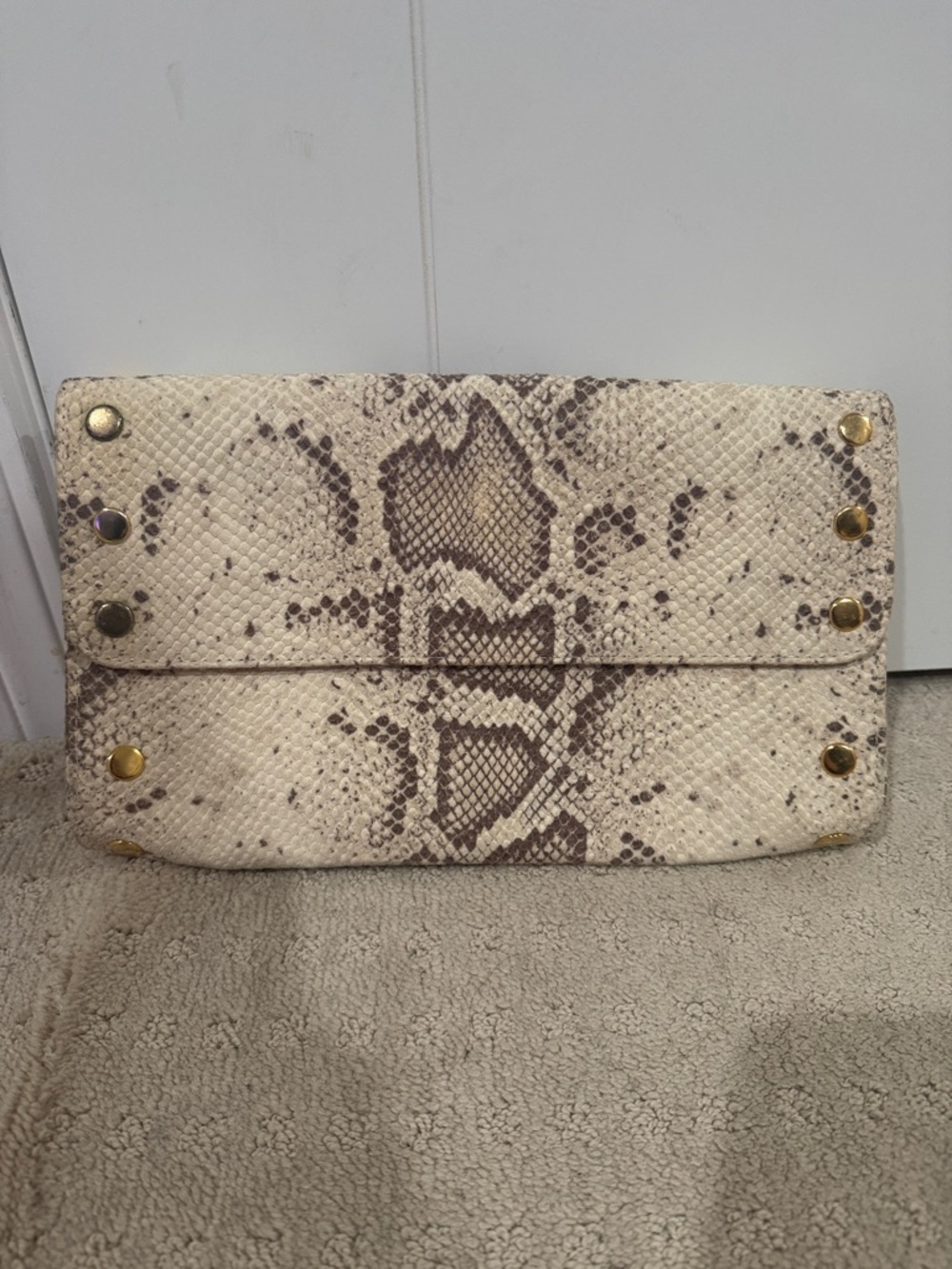 Hammitt Snake-Print Cream Clutch with Gold Stud Accents